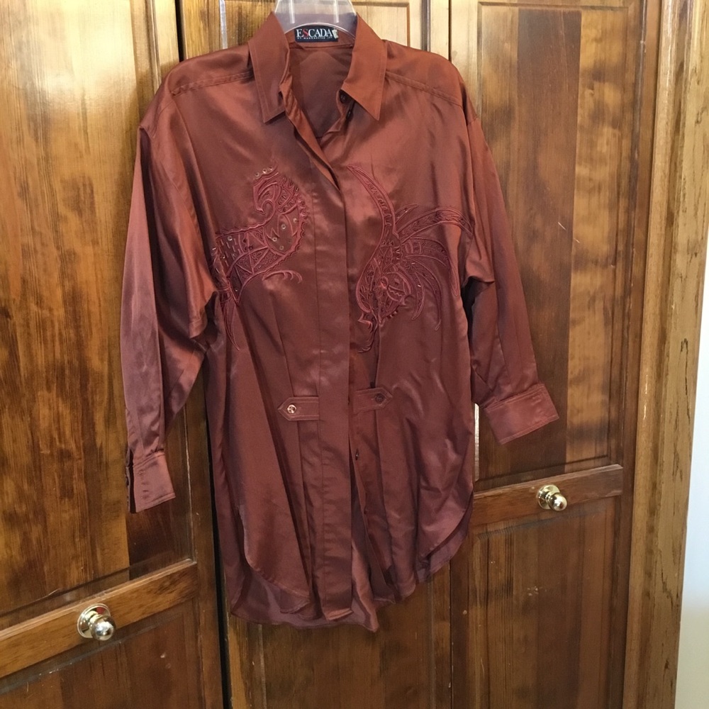 Long tail blouse, Escada, silk/cotton, size 34, sequin/bead embellished